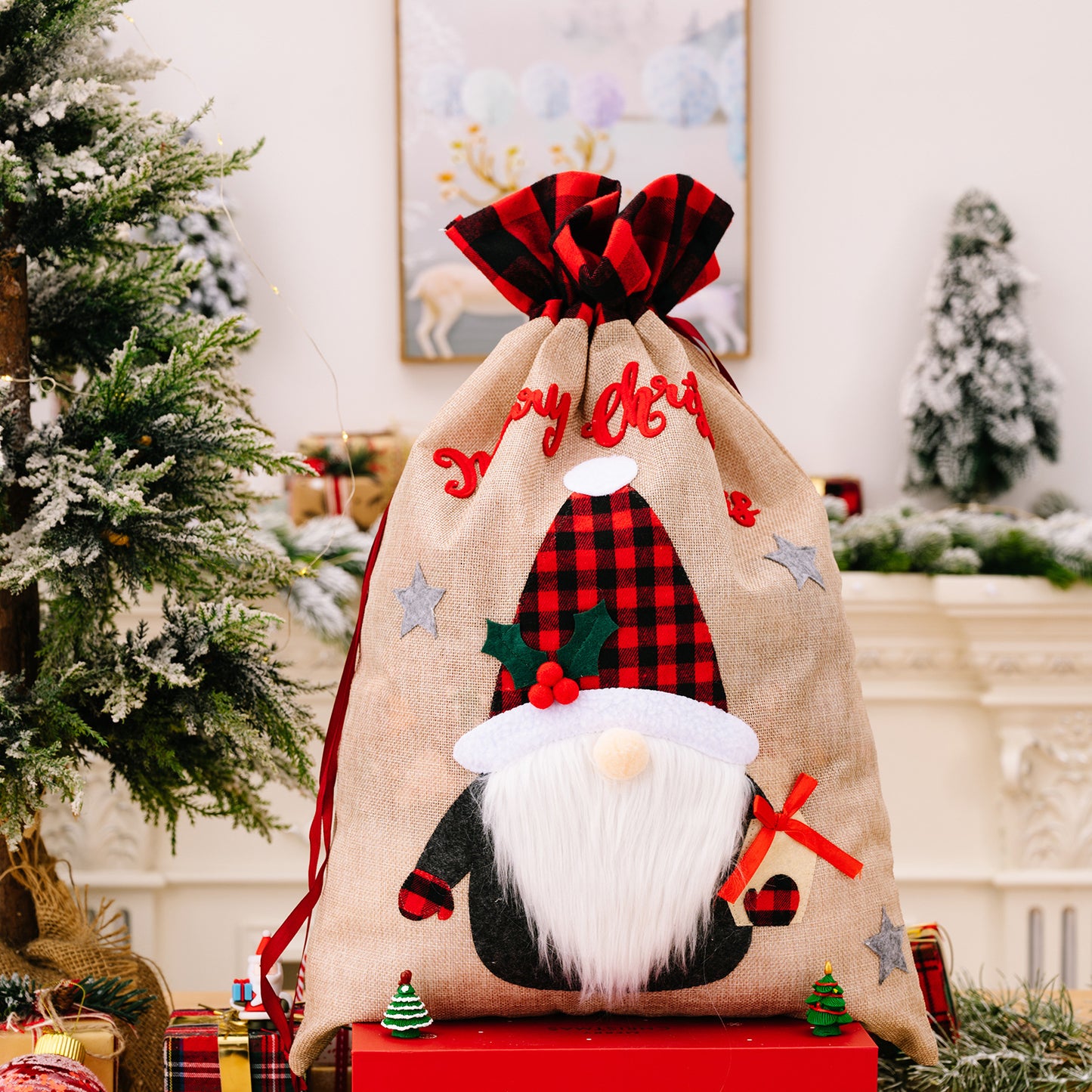 Christmas Old Man Snowman Deer Linen Plaid Gift Bag