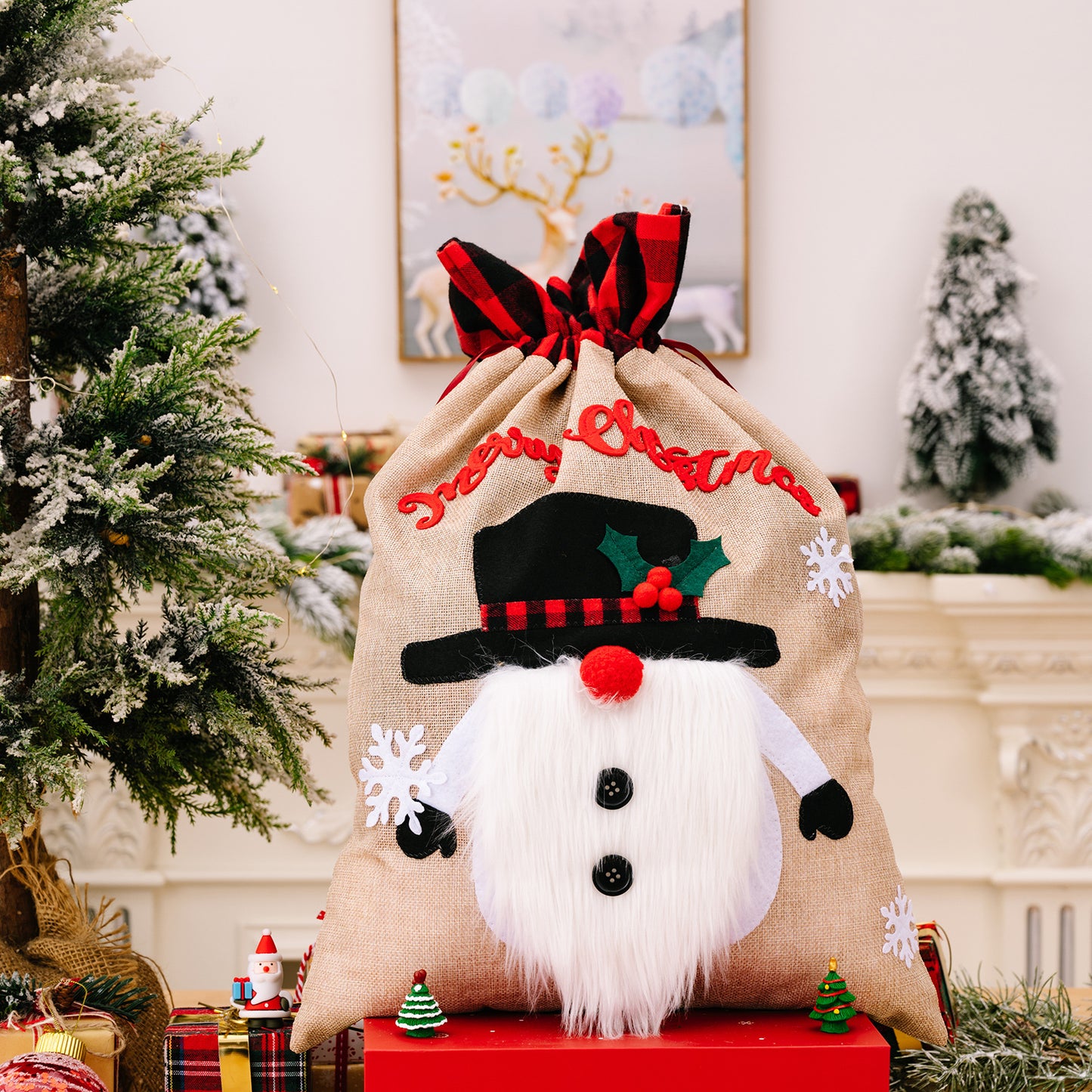 Christmas Old Man Snowman Deer Linen Plaid Gift Bag